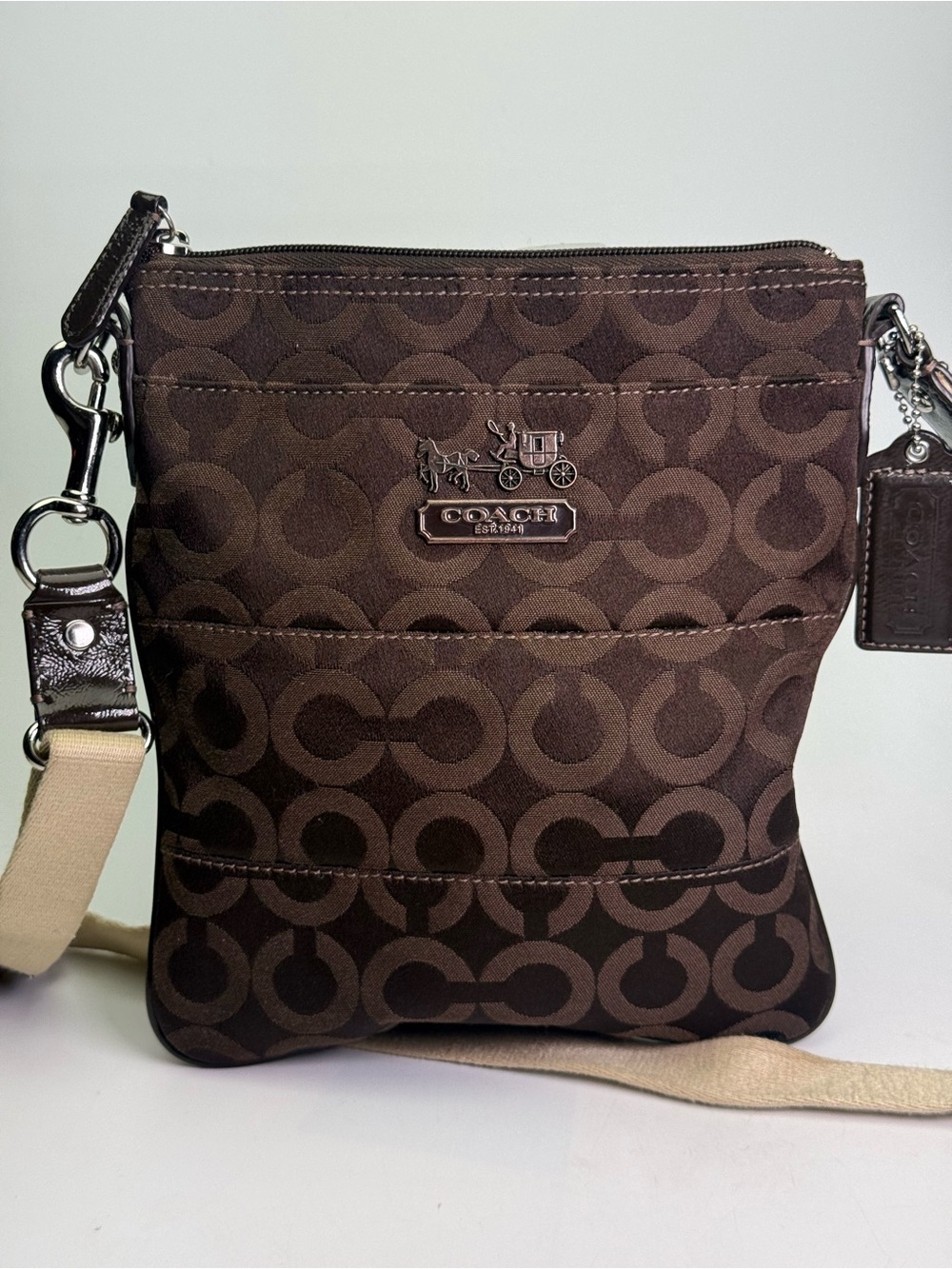 Coach Dark Brown Signature Messenger Bag with Tan Strap